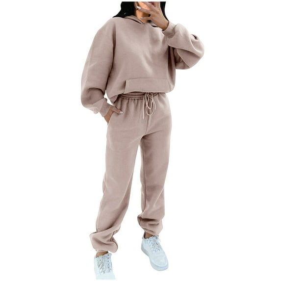 Lindreshi 2 Piece Sweat Suits for Women Fashion Women Pocket Round-Neck Casual Long Sleeve Sweatshirt+ Pant Set
