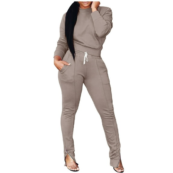 Lindreshi 2 Piece Sweat Suits for Women Fashion Women Pocket Round-Neck Casual Long Sleeve Sweatshirt+ Pant Set