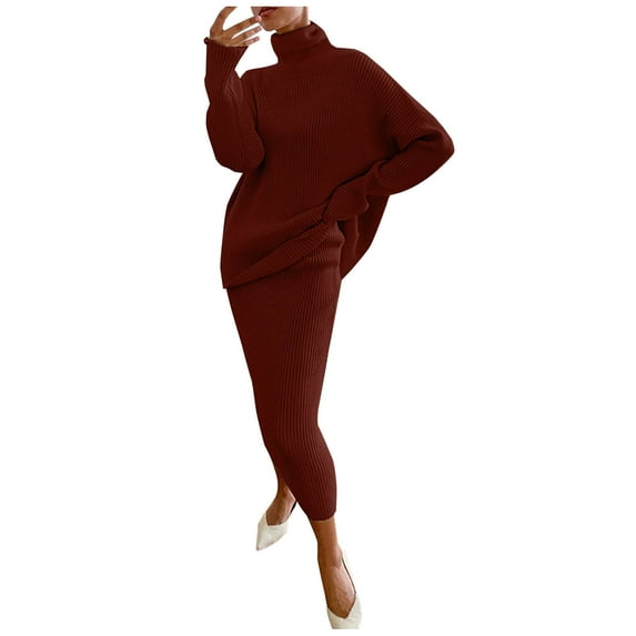 Lindreshi 2 Piece Sweat Suits for Women Women Casual Solid Knitting Slimming Hip Wrap Long Sleeve Turtleneck Sweaters Skirt Suit