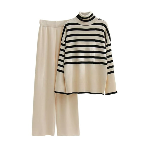 Lindreshi 2 Piece Sweat Suits for Women Women's Casual Long Sleeve Round Neck Sweater Sets Knitted Stripe Tops Long Pants Suits