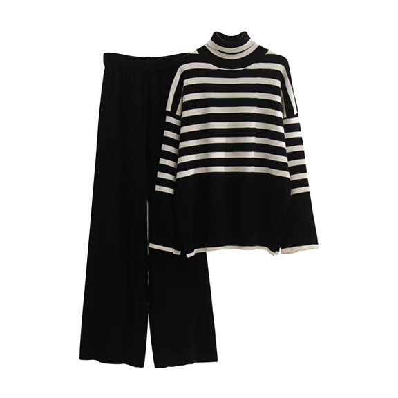 Lindreshi 2 Piece Sweat Suits for Women Women's Casual Long Sleeve Round Neck Sweater Sets Knitted Stripe Tops Long Pants Suits