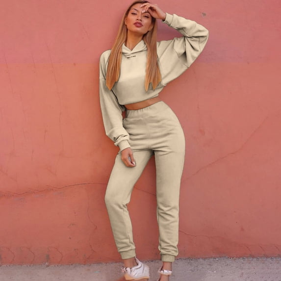 Lindreshi 2 Piece Sweat Suits for Women Women's Casual Solid Color Long Sleeved Short Hoodie Trousers Sports Suit