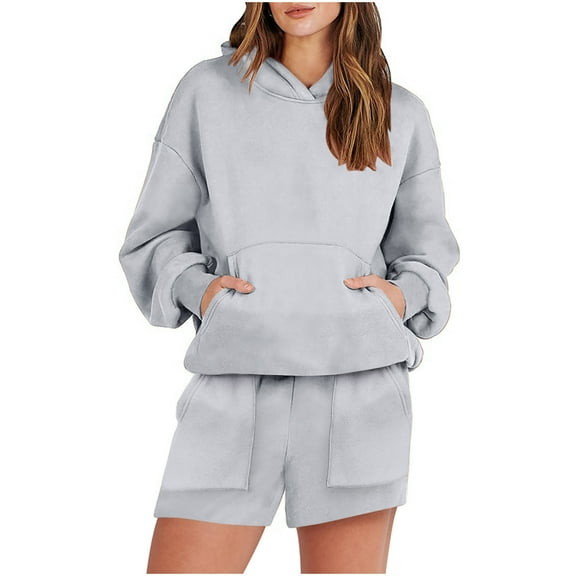 Lindreshi 2 Piece Sweat Suits for Women Women's Fashion Casual Drawstring Hooded Long Sleeve Hoodie Tops Sweatshirt with Pocket and Shorts Suits Set