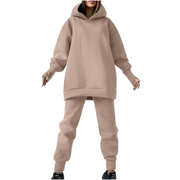 Lindreshi 2 Piece Sweat Suits for Women Women's and Winter Casual Plush Fashion Hooded Long Sleeve Leaky Finger Trousers Fleece Sweater Two-Piece Set