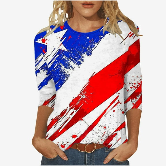 Lindreshi 4th of July Outfits for Women Plus Size Women's Independence Day Printed Round Neck Three-quarter Sleeve 3/4 Sleeve T-Shirt Top