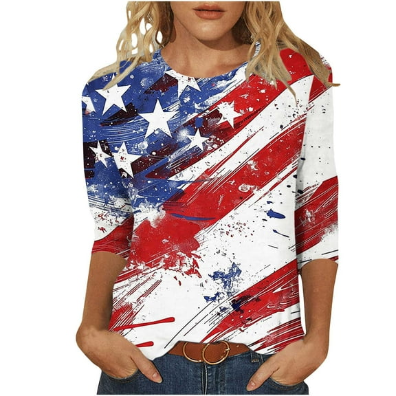 Lindreshi 4th of July Outfits for Women Women's Independence Day Fashion Printed Round Neck 3/4 Sleeve T-Shirt Top