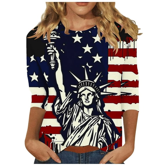 Lindreshi 4th of July Shirts Women Women's Independence Day Fashion Printed Round Neck 3/4 Sleeve T-Shirt Top
