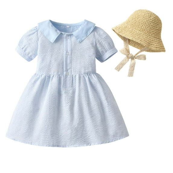 Lindreshi Baby Girl Clothes Clearance Toddler Kids Baby Girls Summer Solid Color Puff Sleeve Dress Princess Dress+Hat Suit
