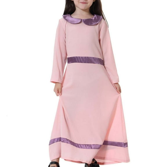 Lindreshi Baby Girl Clothes Muslim Long Dress Medium Big Girls Long Sleeve Doll Collar Colorblock Dress