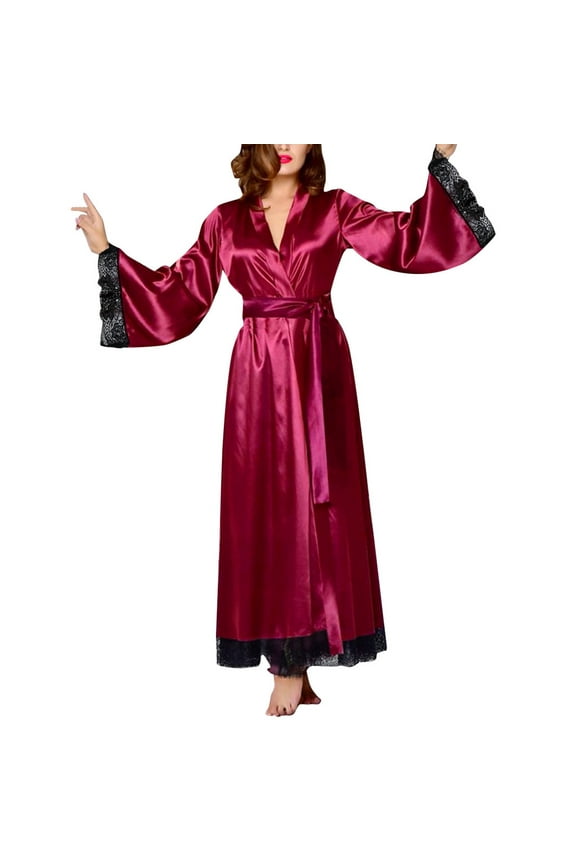 Bath Robes Female Women Sexy Long Silk Dressing Bath Robe Lace Lingerie Wine Red Nightdress