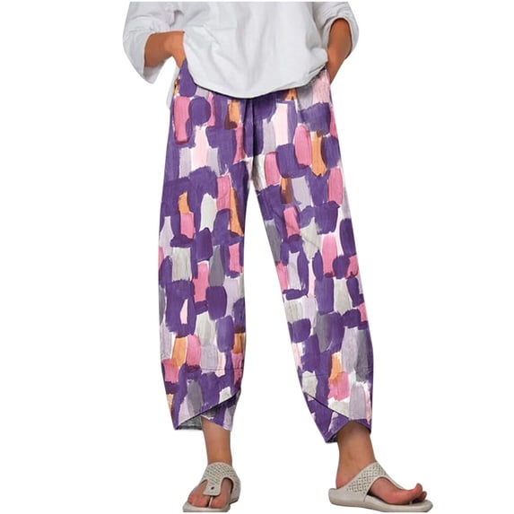 Lindreshi Capri Pants for Women Clearance Women's Casual Pocket Slim High Elastic Waist Print Sports Cotton And Linen Pants