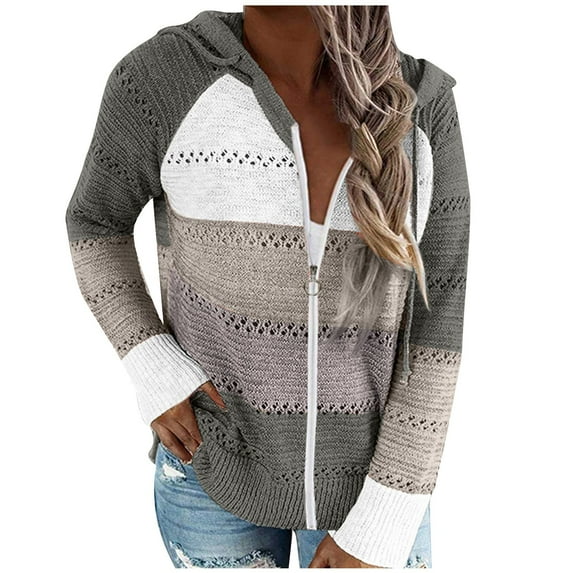 Lindreshi Cardigan Sweaters for Women Women Winter Casual Color Blocking V-Neck Long Sleeve Pullover Knitted Hooded Sweater Top Blouse Sweater Coat