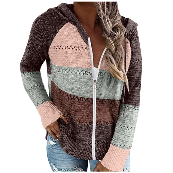 Lindreshi Cardigan Sweaters for Women Women Winter Casual Color Blocking V-Neck Long Sleeve Pullover Knitted Hooded Sweater Top Blouse Sweater Coat