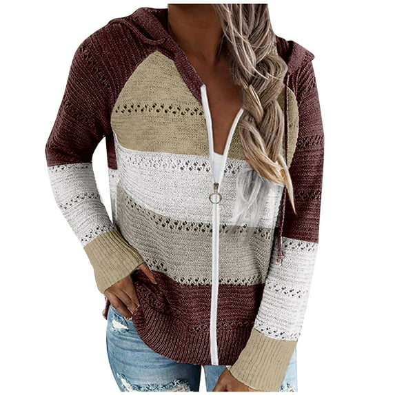 Lindreshi Cardigan Sweaters for Women Women Winter Casual Color Blocking V-Neck Long Sleeve Pullover Knitted Hooded Sweater Top Blouse Sweater Coat