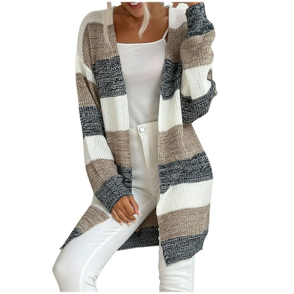 Lindreshi Cardigan Sweaters for Women Women's New Fashion Casual Fall/Winter Mid Length Knitted Stripe Sweater Cardigan Coat