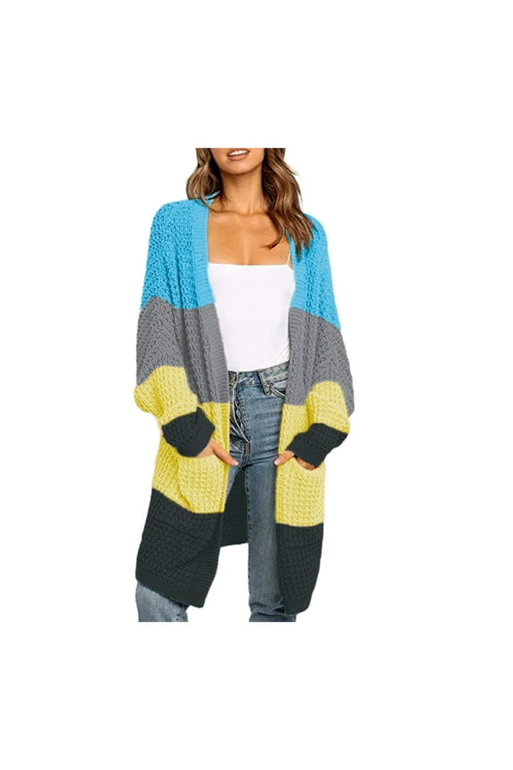 Cardigan Sweaters for Women Womens Boho Patchwork Cardigan Long Sleeve Open Front Knit Sweaters Coat Pockets