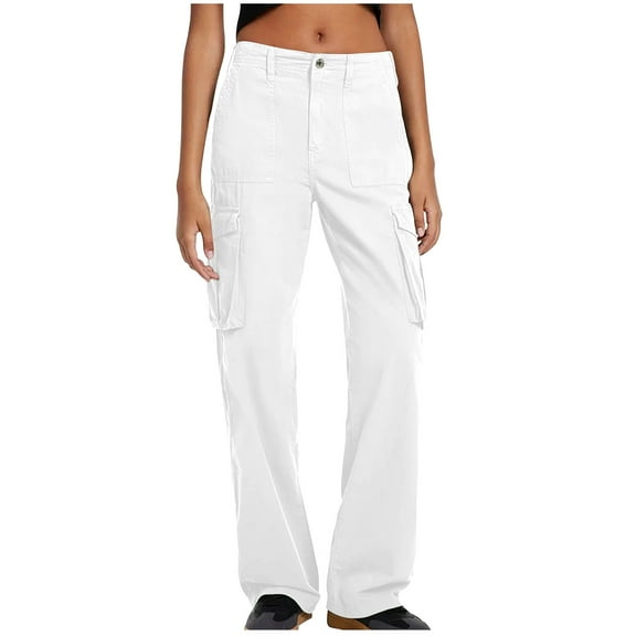 Lindreshi Cargo Pants Women Women Straight Fit Cargo Pants High Waist Baggy Hiking Pants with Flap Pocket Wide Leg Parachute Pants