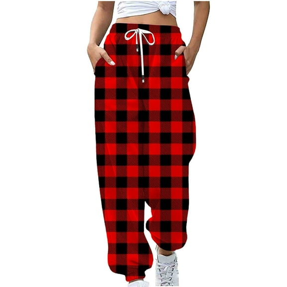 Lindreshi Cargo Pants Women Clearance Womens Checker Printing Sweatpants Loose Lounge Trousers with Pockets High Waist Pants