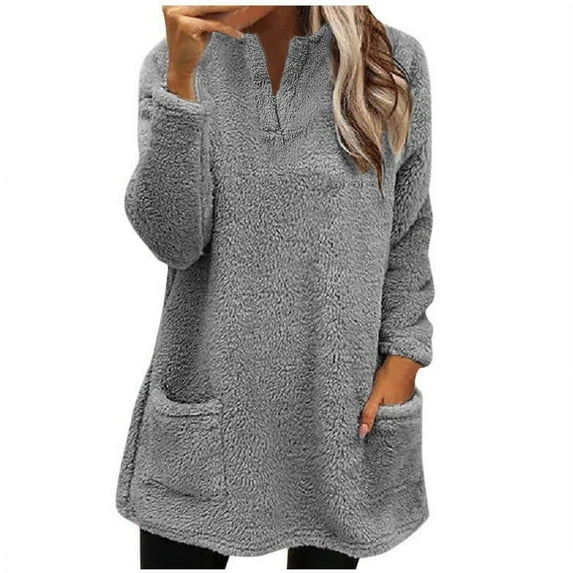 Lindreshi Christmas Pajamas for Women Women's Round- Neck and Winter Loose Solid Pocket Warm Long Sleeve Tops