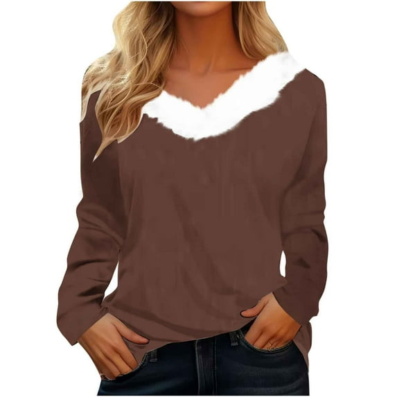Lindreshi Christmas Shirts for Women Fashion Woman Long Sleeve V-Neck Printing Blouse Causal Pullover Long Sleeve Tops