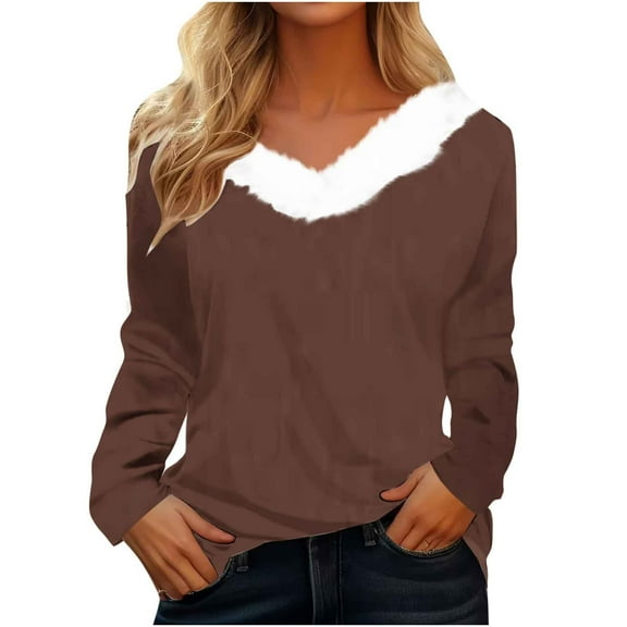 Lindreshi Christmas Shirts for Women Fashion Woman Long Sleeve V-Neck Printing Blouse Causal Pullover Long Sleeve Tops