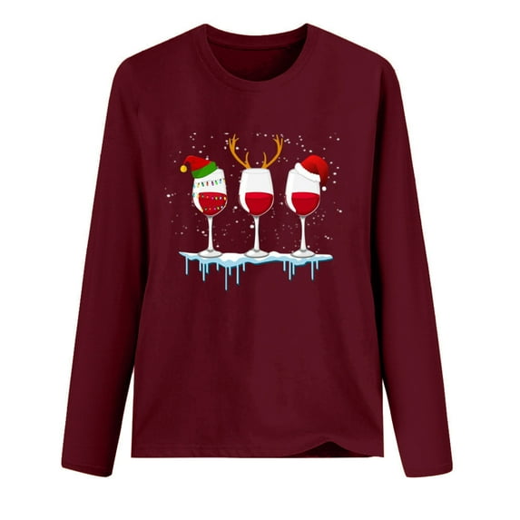 Lindreshi Christmas Shirts for Women Women Christmas Casual Long Sleeve Wine Sweatshirt Pullover Blouse