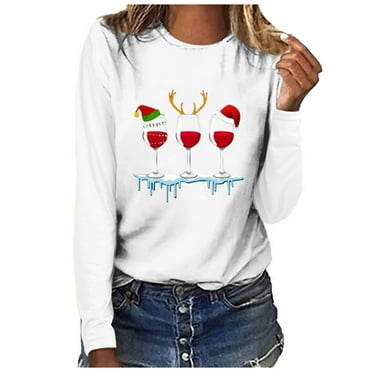 Lindreshi Christmas Shirts for Women Clearance Women Christmas Casual Long Sleeve Wine Sweatshirt Pullover Blouse