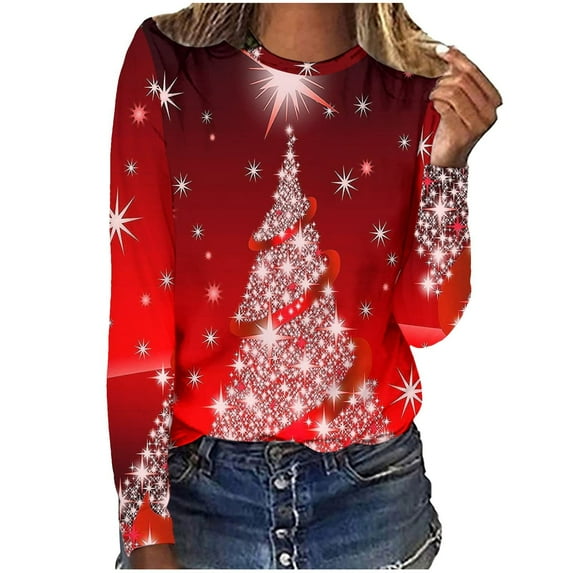 Lindreshi Christmas Shirts for Women Long Sleeve Women's Fashion Printed Loose T-shirt Long Sleeves Blouse Round Neck Casual Tops