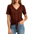thumbnail image 1 of Lindreshi Cotton Linen Tops for Women Summer V Neck Short Sleeve Button Up Shirt With Front Placket and Lace Up Top, 1 of 8