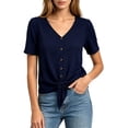 thumbnail image 1 of Lindreshi Cotton Linen Tops for Women Summer V Neck Short Sleeve Button Up Shirt With Front Placket and Lace Up Top, 1 of 8