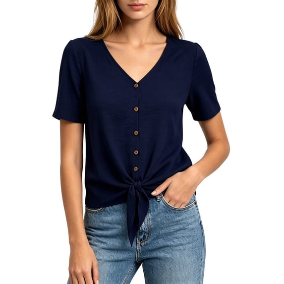 Lindreshi Cotton Linen Tops for Women Summer V Neck Short Sleeve Button Up Shirt With Front Placket and Lace Up Top