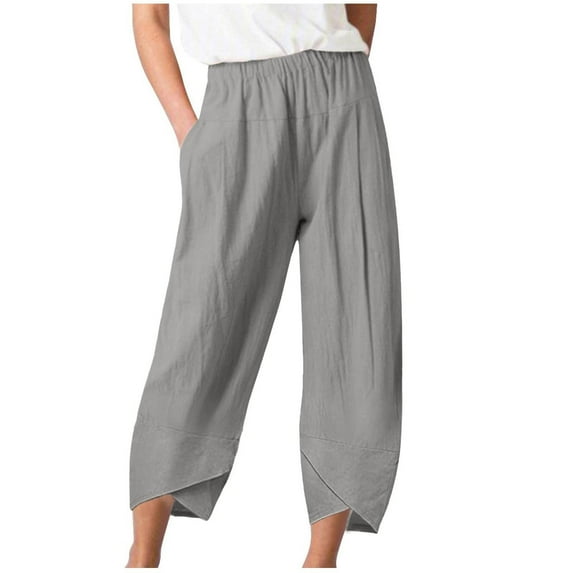 Lindreshi Cotton Womens Capris with Pockets Womens Elastic Waist Buttons Color Thin Stretch Skinny Pants Trousers