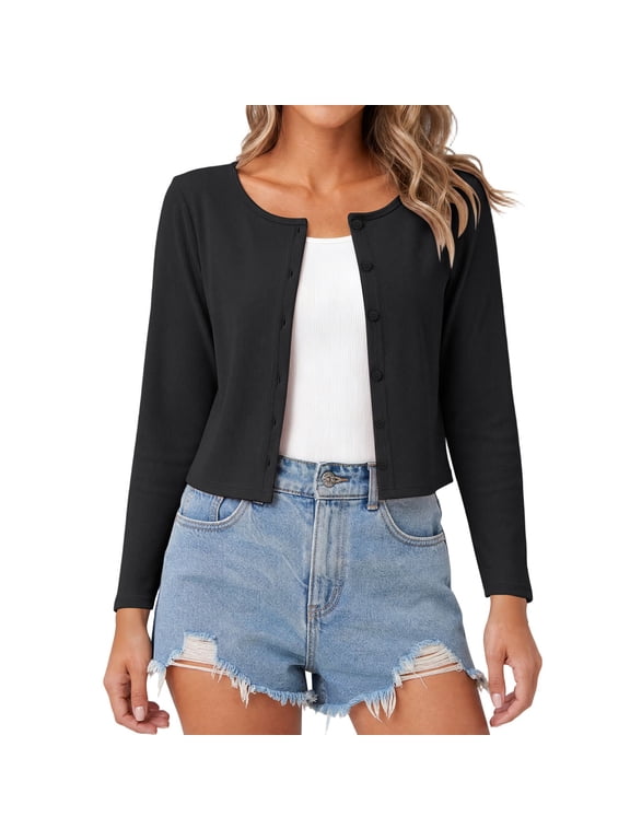 Cropped Cardigans for Women Button Long Sleeve Lightweight Breathable Open Front Ribbed Knitted Cardigan Sweater Solid Sun Protection Tops