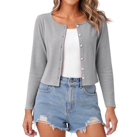 Lindreshi Cropped Cardigans for Women Button Long Sleeve Lightweight Breathable Open Front Ribbed Knitted Cardigan Sweater Solid Sun Protection Tops