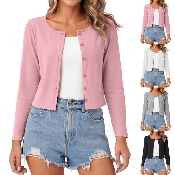 Lindreshi Cropped Cardigans for Women Button Long Sleeve Lightweight Breathable Open Front Ribbed Knitted Cardigan Sweater Solid Sun Protection Tops