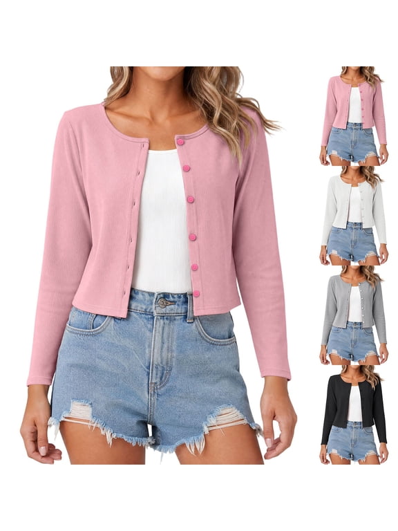Cropped Cardigans for Women Button Long Sleeve Lightweight Breathable Open Front Ribbed Knitted Cardigan Sweater Solid Sun Protection Tops