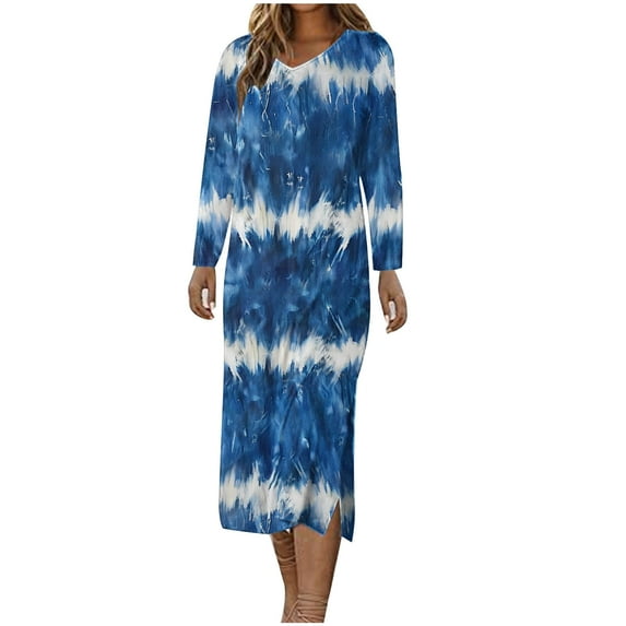 Lindreshi Dresses for Women 2024 Casual Fall Women's Short Sleeved V-Neck Fashion Print High Waist Mid-Calf V-Neck Dress