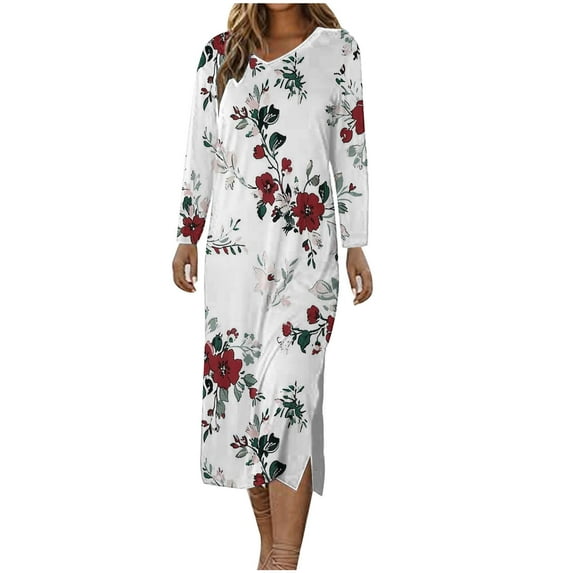 Lindreshi Dresses for Women 2024 Casual Fall Women's Short Sleeved V-Neck Fashion Print High Waist Mid-Calf V-Neck Dress