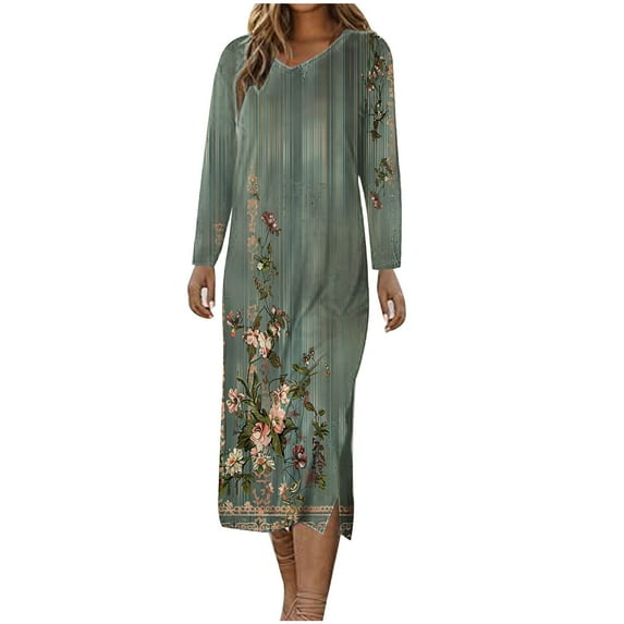 Lindreshi Dresses for Women 2024 Casual Fall Women's Short Sleeved V-Neck Fashion Print High Waist Mid-Calf V-Neck Dress