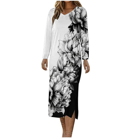 Lindreshi Dresses for Women 2024 Casual Fall Women's Short Sleeved V-Neck Fashion Print High Waist Mid-Calf V-Neck Dress