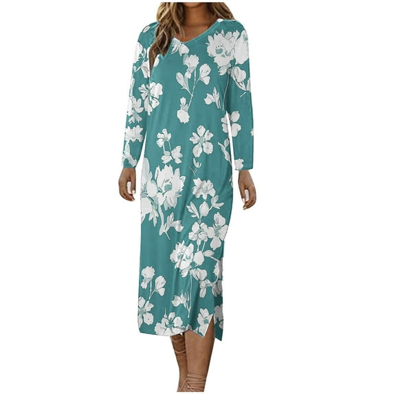 Lindreshi Dresses for Women 2024 Casual Fall Women's Short Sleeved V-Neck Fashion Print High Waist Mid-Calf V-Neck Dress