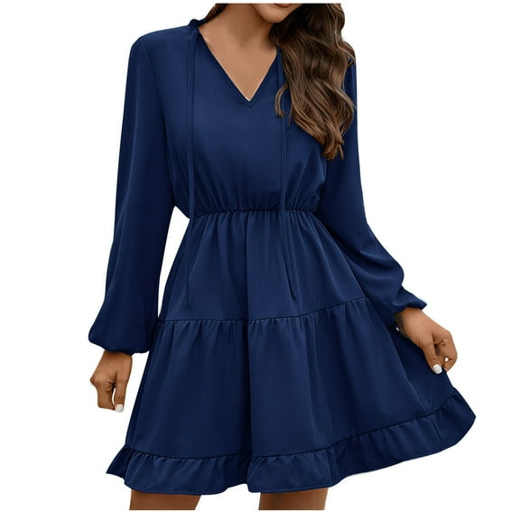 Lindreshi Fall Dresses for Teens with Long Sleeves Fashion Women's Bandage Casual Long Sleeve Dress V-Neck Ladies Solid Dresses