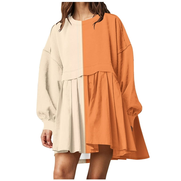 Lindreshi Fall Dresses for Teens with Long Sleeves Women s Winter New Colored Temperament Dress V Neck Bubble Sleeve Pleated Dress