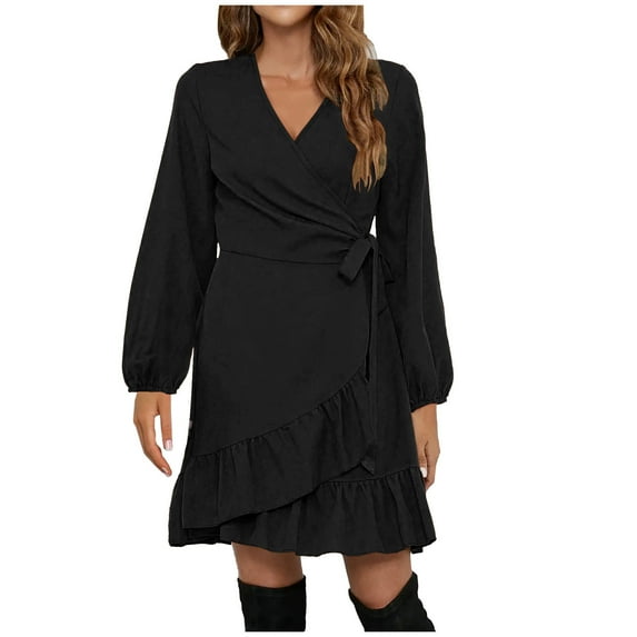 Lindreshi Fall Dresses for Women 2023 Homecoming Dresses Women Casual Solid Loose Straps Ruffled Hem Long Sleeve V-Neck Dress