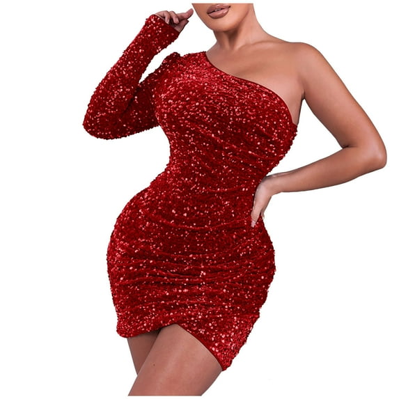 Lindreshi Fall Dresses for Women 2025 Homecoming Dresses Women Solid Sequins Thin Shoulder Sleeve -Skew Collar Dress