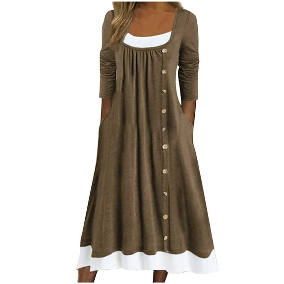 Lindreshi Fall Dresses for Women 2025 Homecoming Dresses Women's Casual Crewneck Long Sleeve Pullover Patchwork Pleated Solid Color Button Dress