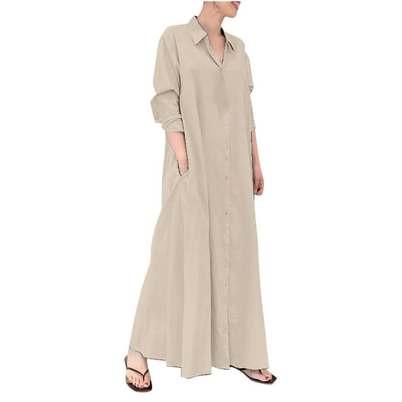 Lindreshi Fall Dresses for Women 2025 Homecoming Dresses Women's Cotton Linen Turndown Collar Long Sleeve Pocket Loose Long Shirt Dress