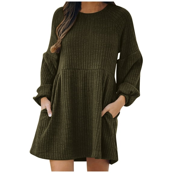 Lindreshi Fall Dresses for Women 2026 Homecoming Dresses Women Casual Solid Loose Knitted Medium Waist Sweater Dress Long Sleeve Round-Neck Dress