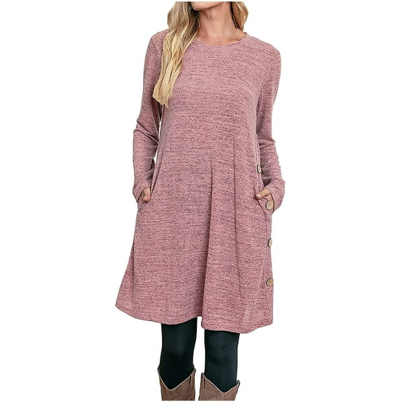 Lindreshi Fall Dresses for Women Homecoming Dresses Fashion Women Solid Loose Comfy Long Sleeve Pocket Button Dress