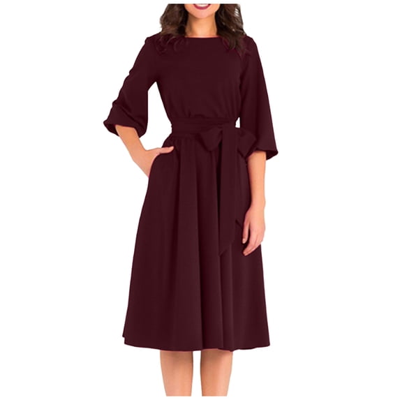 Lindreshi Fall Dresses for Women Homecoming Dresses Fashion Women's Casual Long Sleeve Round-Neck Slim Dress Solid Classic Dress